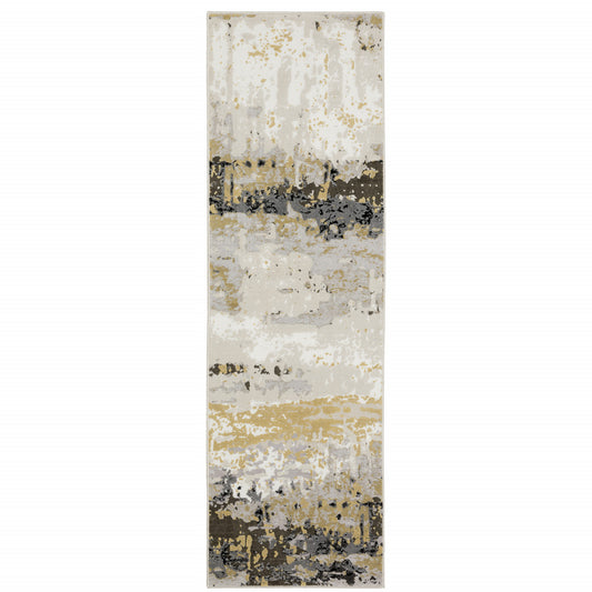 2' X 8' Grey Gold Beige Black And Brown Abstract Power Loom Stain Resistant Runner Rug