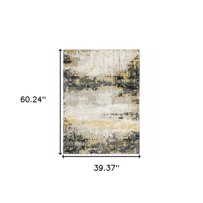 3' X 5' Grey Gold Beige Black And Brown Abstract Power Loom Stain Resistant Area Rug