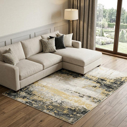 7' X 10' Beige And Gold Abstract Distressed Area Rug