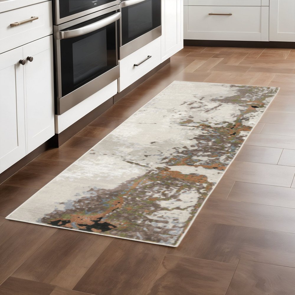 2' X 8' Grey Salmon Pink Blue Beige And Green Abstract Power Loom Stain Resistant Runner Rug