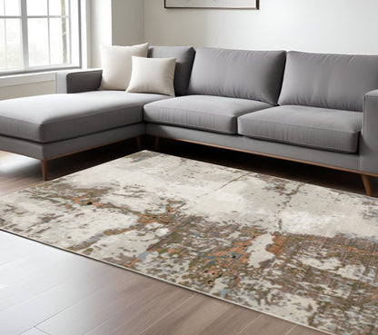 10' X 13' Grey Salmon Pink Blue Beige And Green Abstract Power Loom Stain Resistant Area Rug