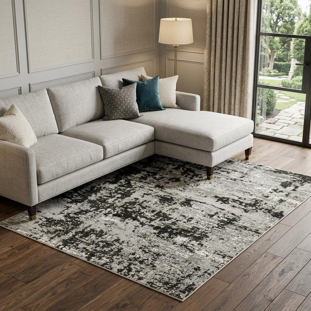 7' X 10' Gray And Black Abstract Distressed Area Rug