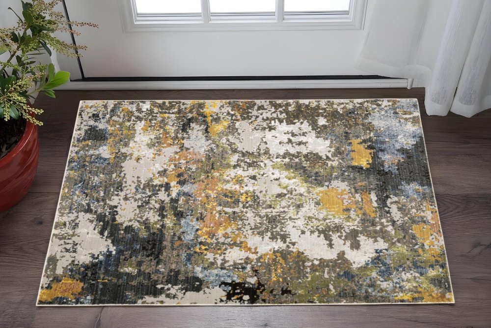 3' X 5' Grey Gold Blue Orange Beige And Brown Abstract Power Loom Stain Resistant Area Rug