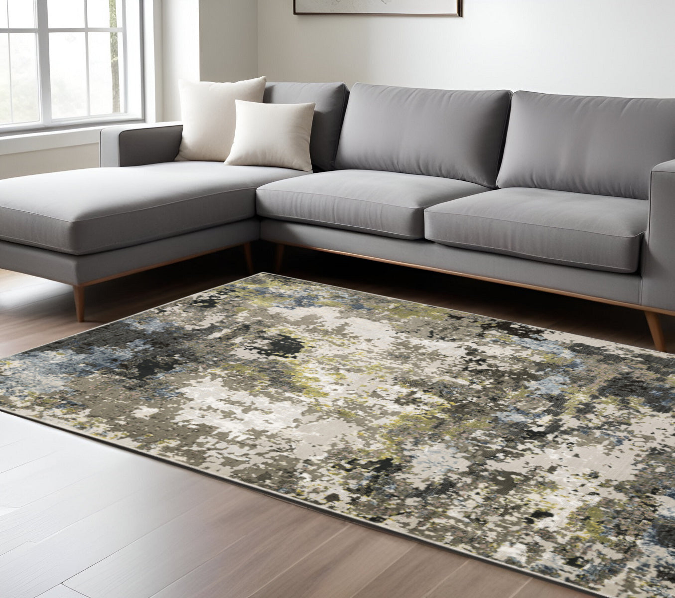 6' X 9' Grey Green Gold Blue And Beige Abstract Power Loom Stain Resistant Area Rug