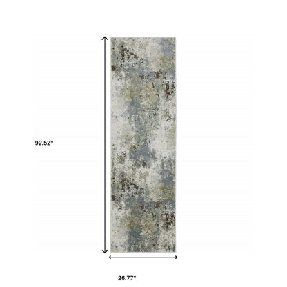 2' X 8' Blue Grey Green And Beige Abstract Power Loom Stain Resistant Runner Rug