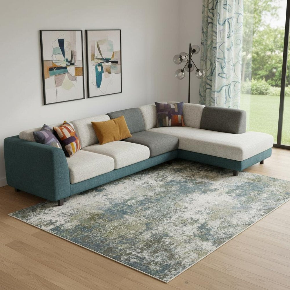 8' X 11' Blue Grey Green And Beige Abstract Power Loom Stain Resistant Area Rug