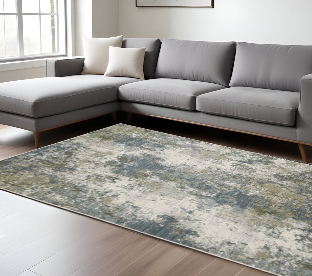 10' X 13' Blue Grey Green And Beige Abstract Power Loom Stain Resistant Area Rug