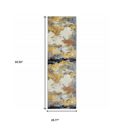 2' X 8' Yellow Gold Blue Grey Brown And Beige Abstract Power Loom Stain Resistant Runner Rug