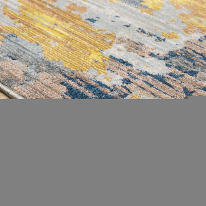 2' X 8' Yellow Gold Blue Grey Brown And Beige Abstract Power Loom Stain Resistant Runner Rug