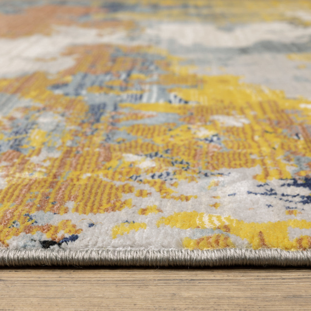 2' X 8' Yellow Gold Blue Grey Brown And Beige Abstract Power Loom Stain Resistant Runner Rug