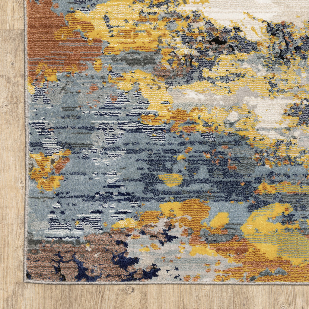 2' X 8' Yellow Gold Blue Grey Brown And Beige Abstract Power Loom Stain Resistant Runner Rug