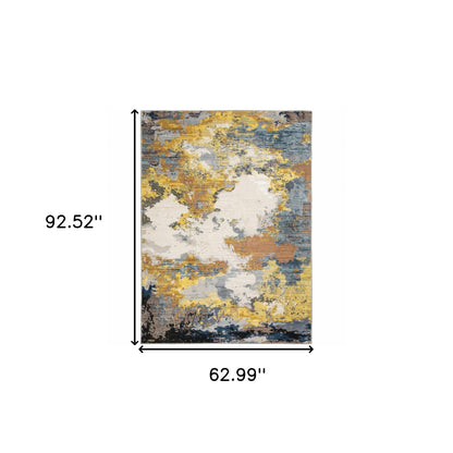 5' X 8' Yellow Gold Blue Grey Brown And Beige Abstract Power Loom Stain Resistant Area Rug