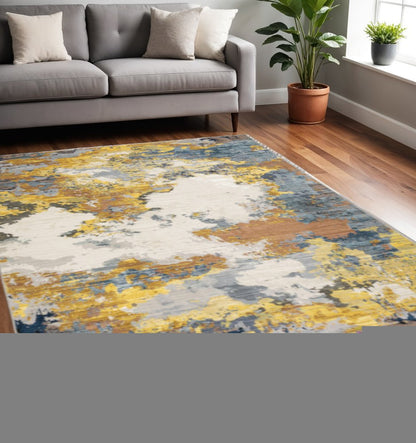 5' X 8' Yellow Gold Blue Grey Brown And Beige Abstract Power Loom Stain Resistant Area Rug
