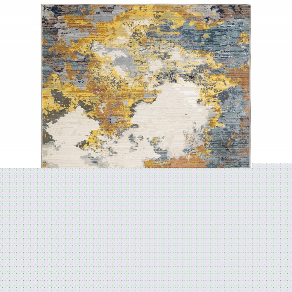 5' X 8' Yellow Gold Blue Grey Brown And Beige Abstract Power Loom Stain Resistant Area Rug