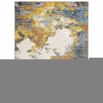 5' X 8' Yellow Gold Blue Grey Brown And Beige Abstract Power Loom Stain Resistant Area Rug
