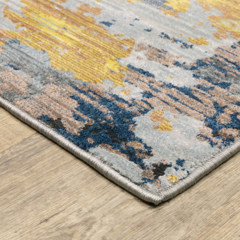 5' X 8' Yellow Gold Blue Grey Brown And Beige Abstract Power Loom Stain Resistant Area Rug