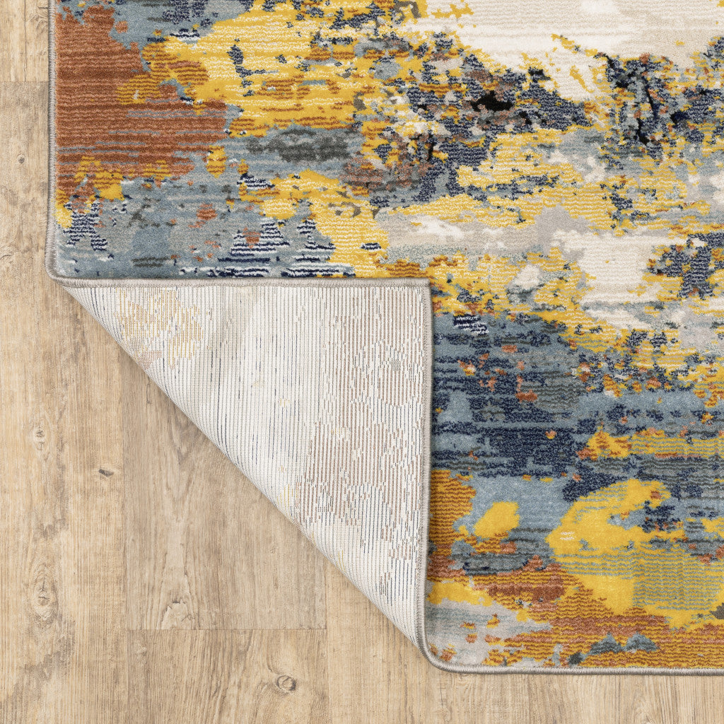 5' X 8' Yellow Gold Blue Grey Brown And Beige Abstract Power Loom Stain Resistant Area Rug