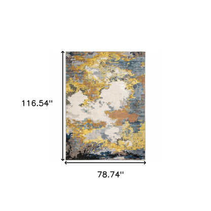 6' X 9' Yellow Gold Blue Grey Brown And Beige Abstract Power Loom Stain Resistant Area Rug