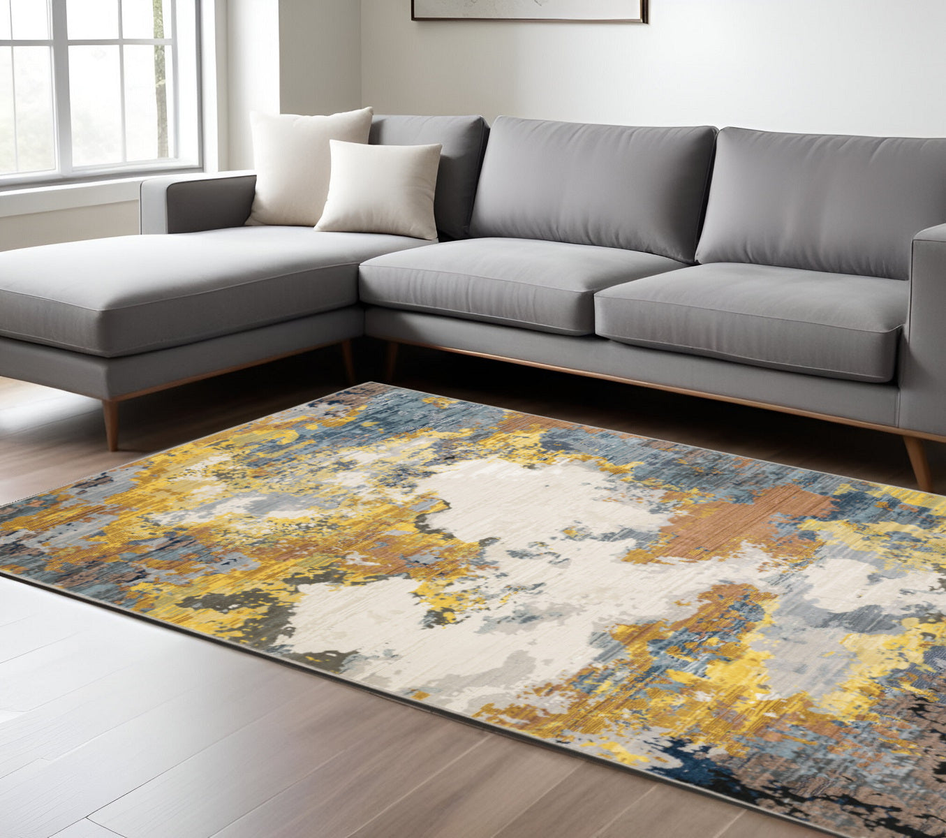 6' X 9' Yellow Gold Blue Grey Brown And Beige Abstract Power Loom Stain Resistant Area Rug