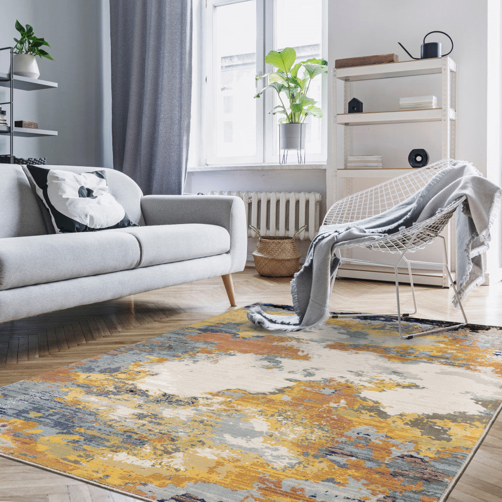 6' X 9' Yellow Gold Blue Grey Brown And Beige Abstract Power Loom Stain Resistant Area Rug