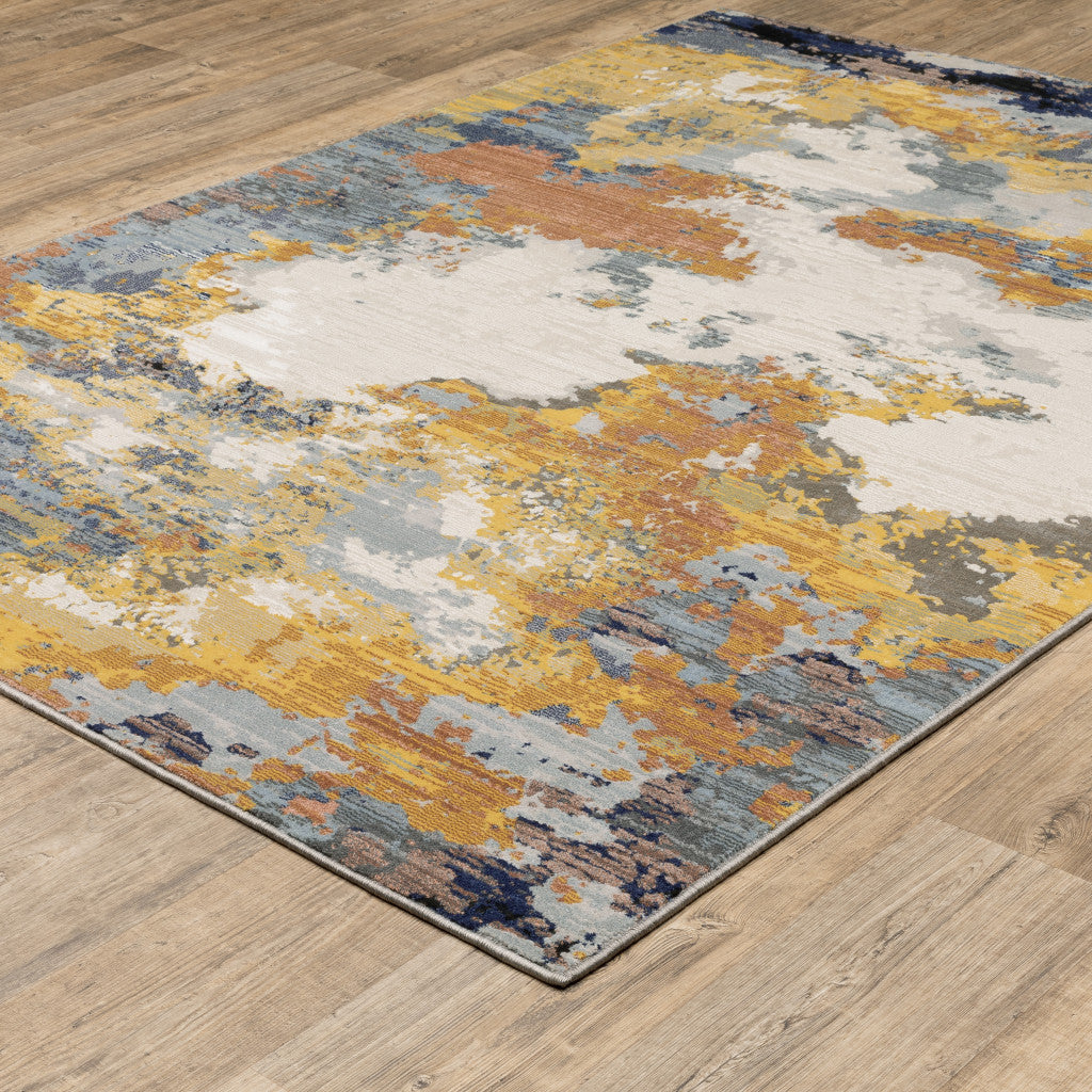 6' X 9' Yellow Gold Blue Grey Brown And Beige Abstract Power Loom Stain Resistant Area Rug