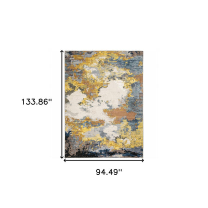 8' X 11' Yellow Gold Blue Grey Brown And Beige Abstract Power Loom Stain Resistant Area Rug