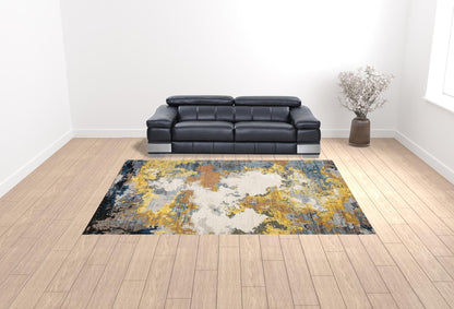 10' X 13' Yellow Gold Blue Grey Brown And Beige Abstract Power Loom Stain Resistant Area Rug