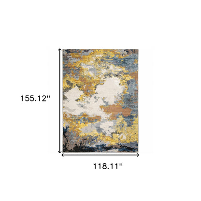 10' X 13' Yellow Gold Blue Grey Brown And Beige Abstract Power Loom Stain Resistant Area Rug