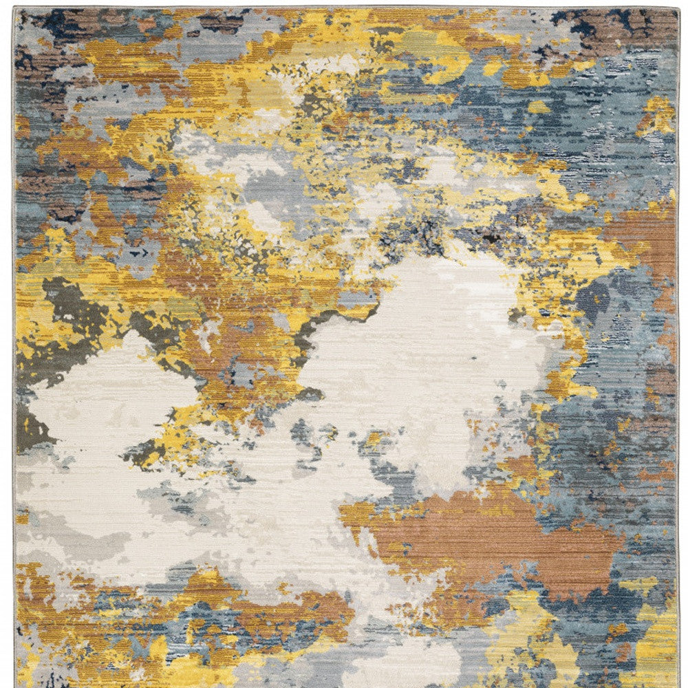 10' X 13' Yellow Gold Blue Grey Brown And Beige Abstract Power Loom Stain Resistant Area Rug