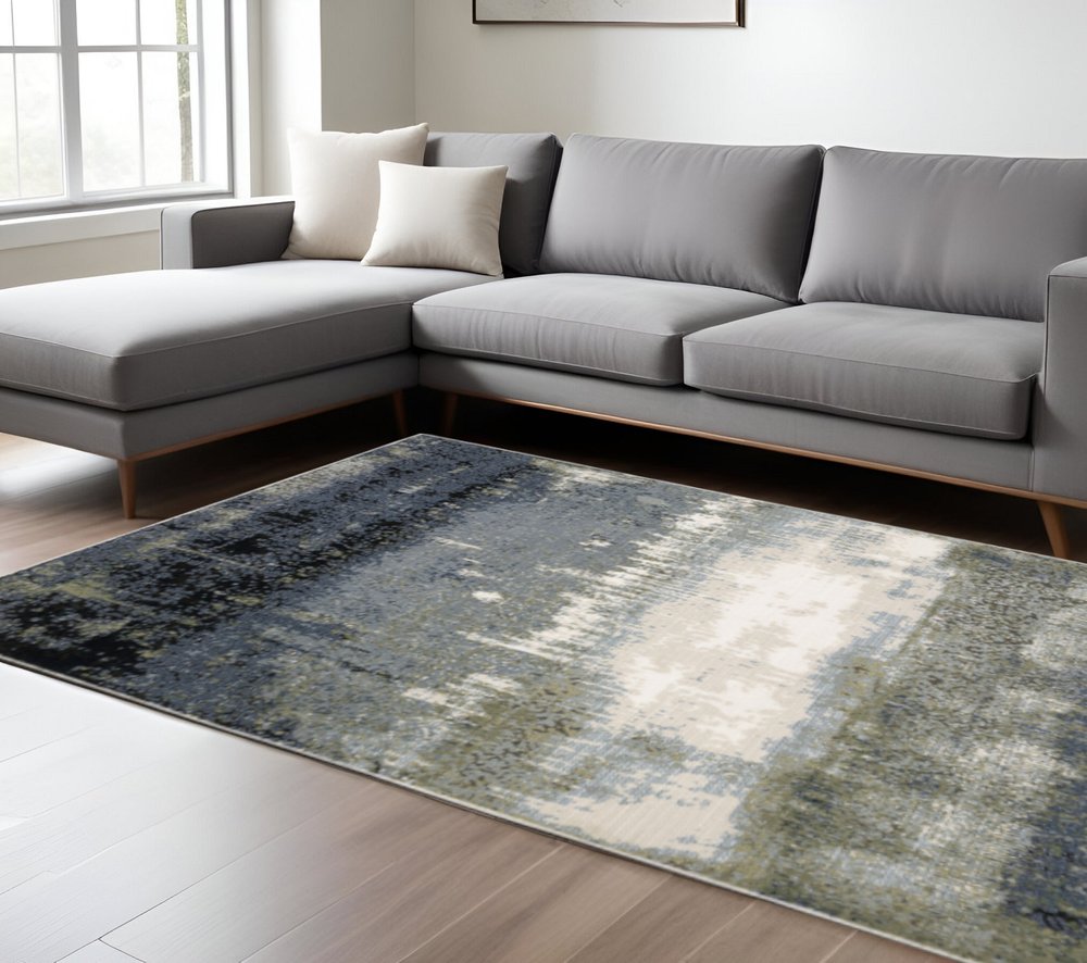 10' X 13' Blue Green Grey And Beige Abstract Power Loom Stain Resistant Area Rug