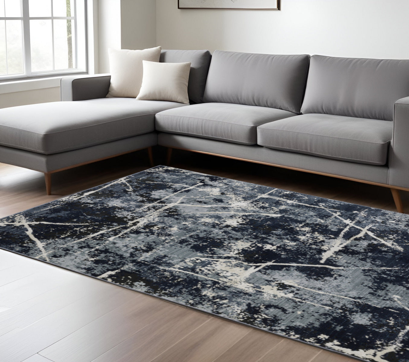 6' X 9' Blue Grey And Beige Abstract Power Loom Stain Resistant Area Rug