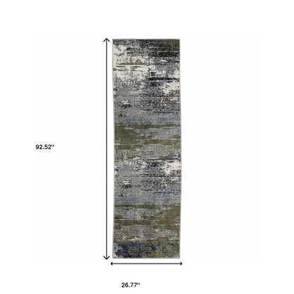 2' X 8' Blue Green Grey Brown And Beige Abstract Power Loom Stain Resistant Runner Rug