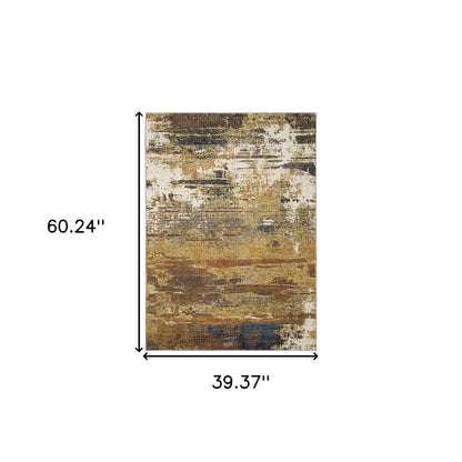 3' X 5' Gold Brown Rust Grey Blue And Beige Abstract Power Loom Stain Resistant Area Rug