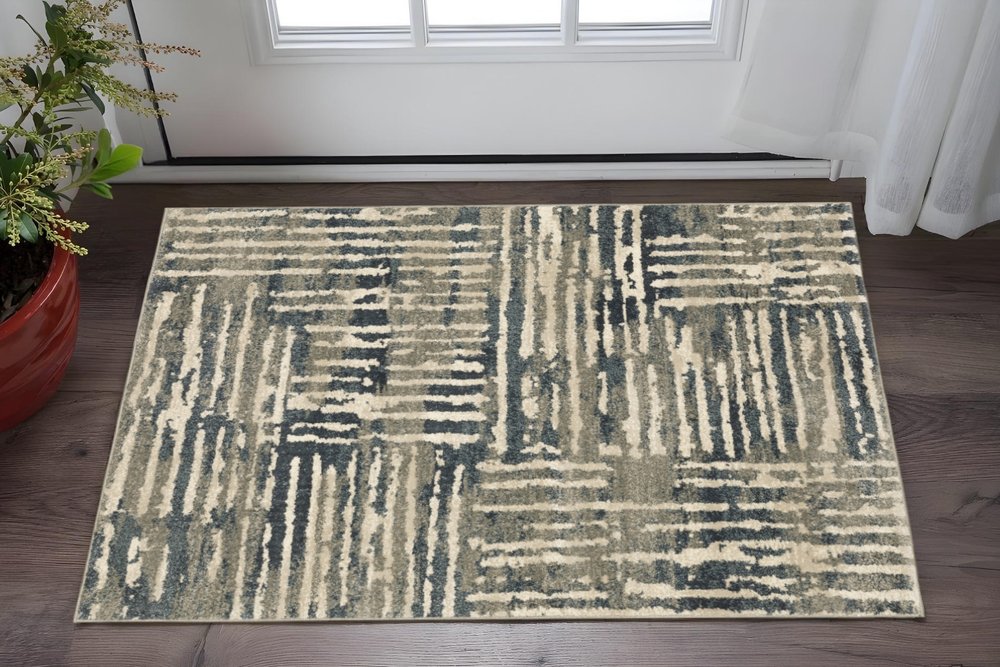 2' X 3' Blue And Beige Abstract Power Loom Stain Resistant Area Rug