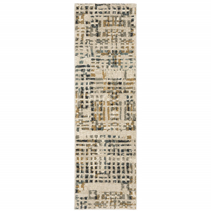 2' X 8' Beige Grey Blues Orange Yellow And Ivory Abstract Power Loom Stain Resistant Runner Rug