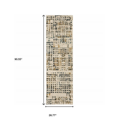 2' X 8' Beige Grey Blues Orange Yellow And Ivory Abstract Power Loom Stain Resistant Runner Rug