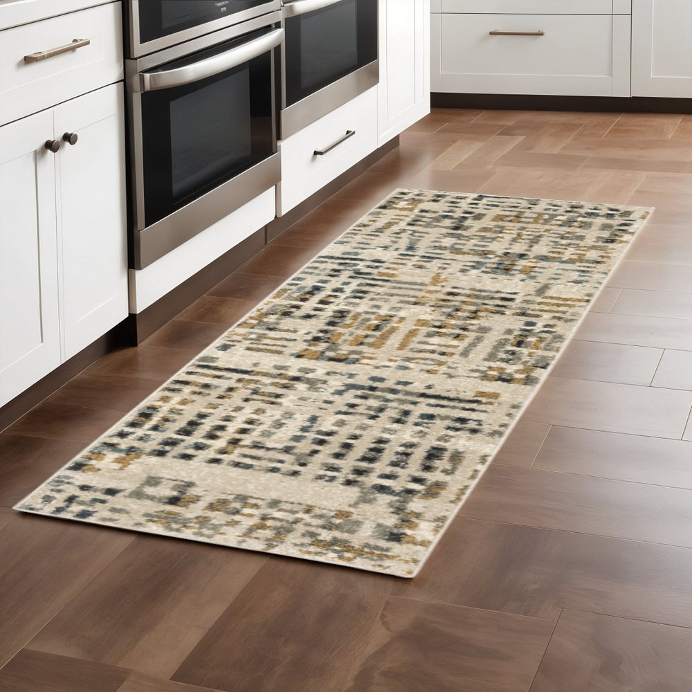 2' X 8' Beige Grey Blues Orange Yellow And Ivory Abstract Power Loom Stain Resistant Runner Rug