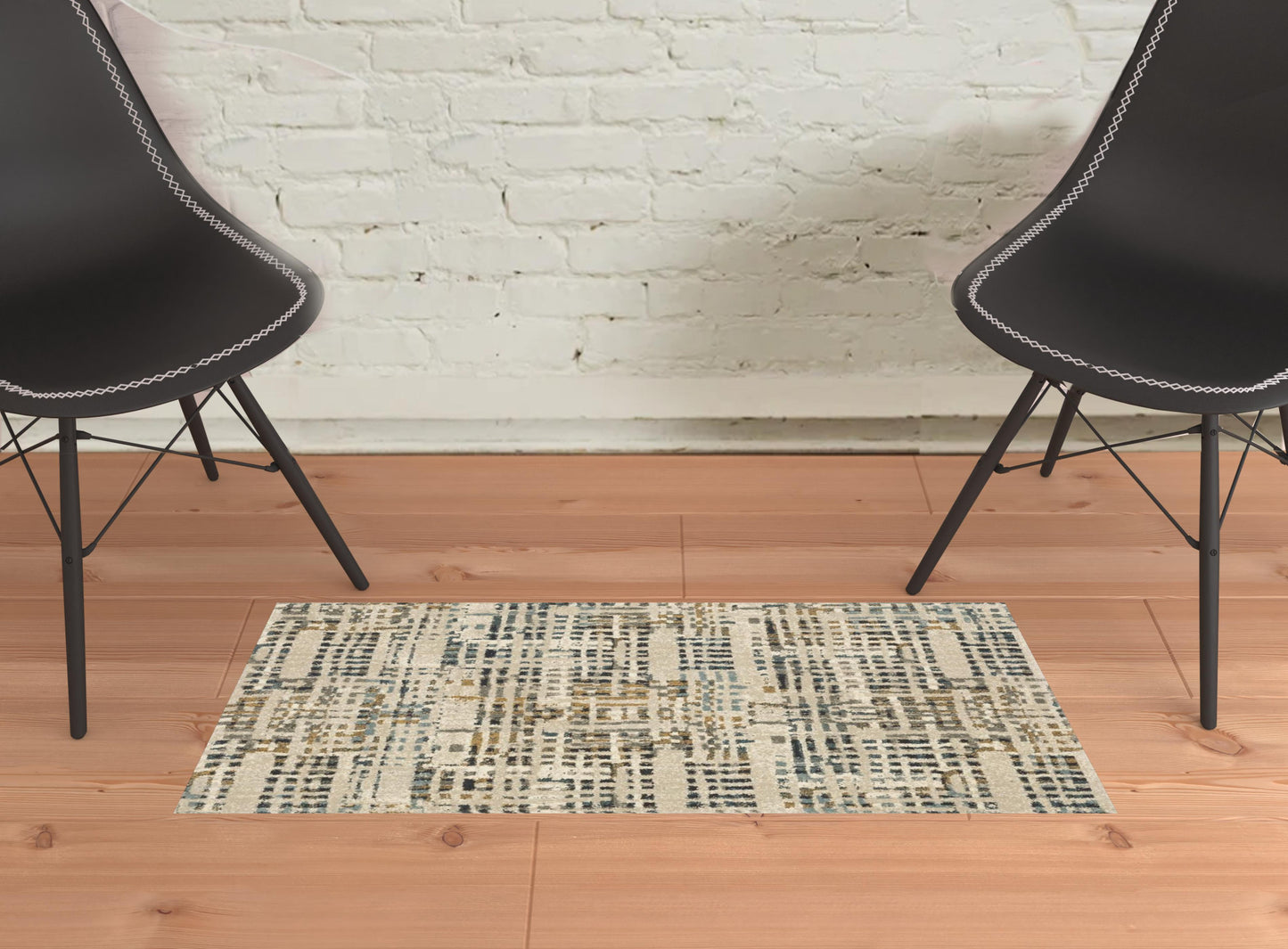 2' X 3' Beige Grey Blues Orange Yellow And Ivory Abstract Power Loom Stain Resistant Area Rug