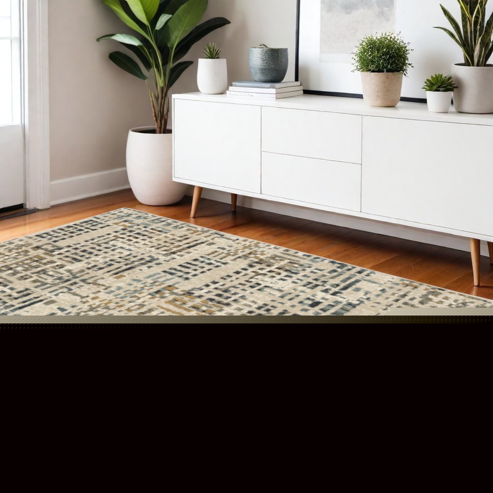 4' X 6' Beige Grey Blues Orange Yellow And Ivory Abstract Power Loom Stain Resistant Area Rug
