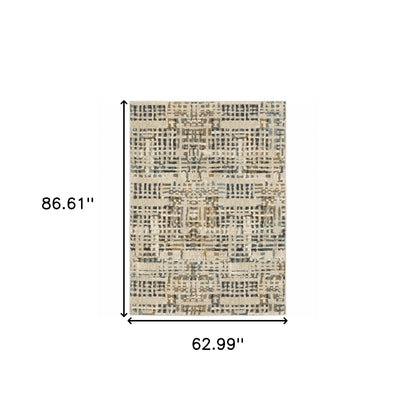 5' X 7' Beige Grey Blues Orange Yellow And Ivory Abstract Power Loom Stain Resistant Area Rug