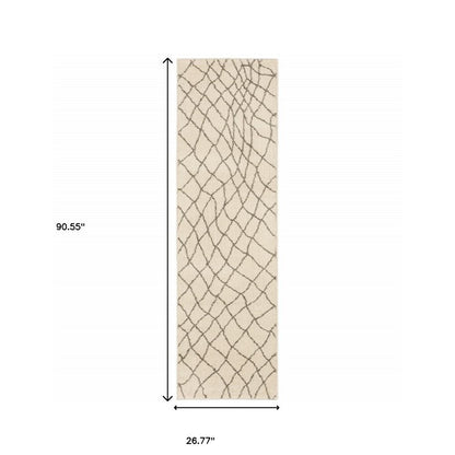 2' X 8' Ivory And Grey Geometric Power Loom Stain Resistant Runner Rug