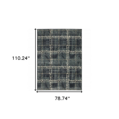 7' X 9' Blue And Ivory Geometric Shag Area Rug