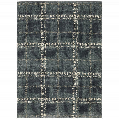 7' X 9' Blue And Ivory Geometric Shag Area Rug