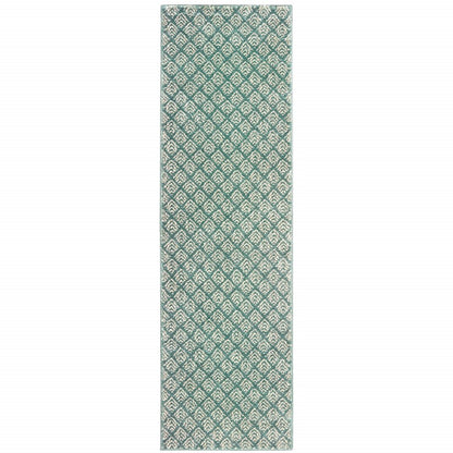2' X 8' Foam Blue And Ivory Geometric Power Loom Stain Resistant Runner Rug