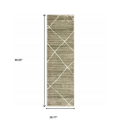 2' X 8' Grey And Ivory Geometric Power Loom Stain Resistant Runner Rug