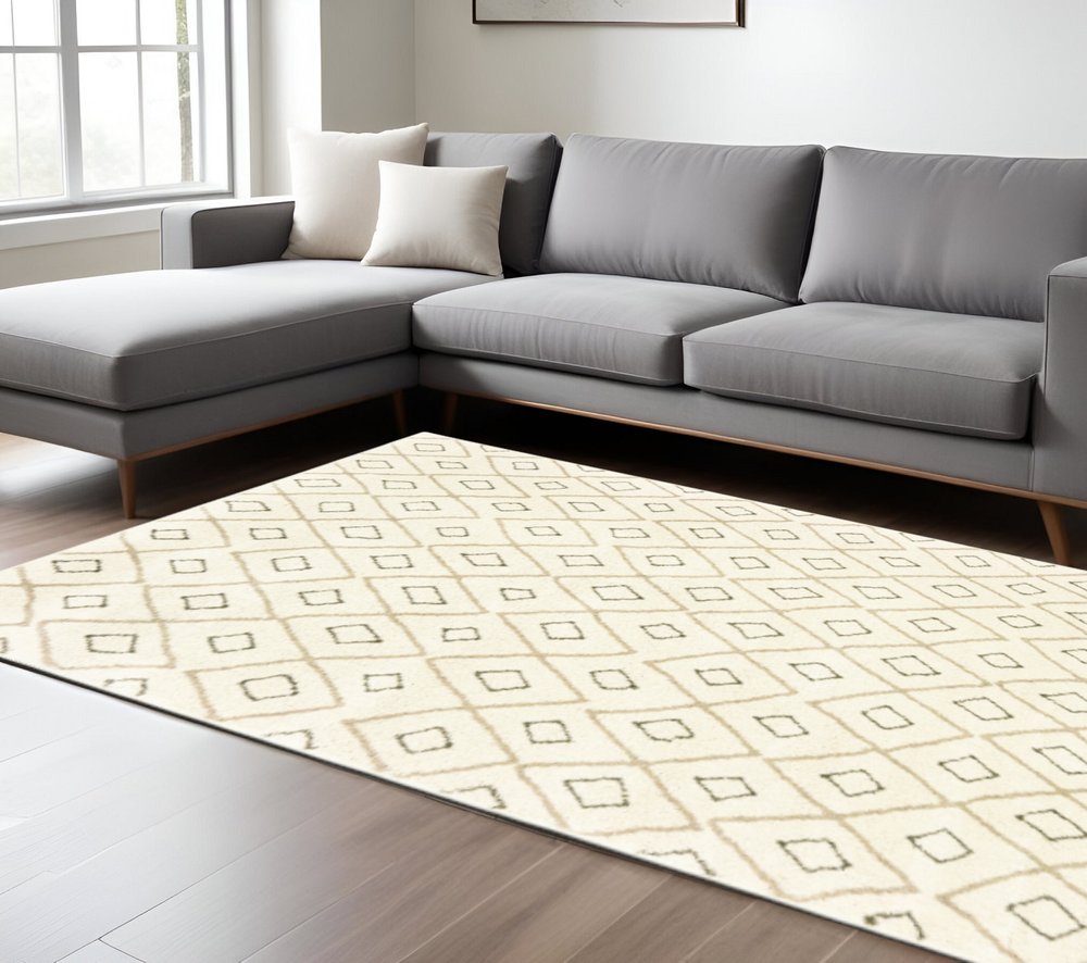 8' X 10' Sand Ash Grey And Ivory Geometric Power Loom Stain Resistant Area Rug