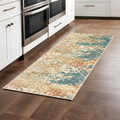 2' X 8' Foam Blue Pumpkin And Golden Yellow Abstract Power Loom Stain Resistant Runner Rug