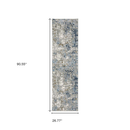 2' X 8' Blue Ivory Grey Brown Beige And Light Blue Abstract Power Loom Stain Resistant Runner Rug