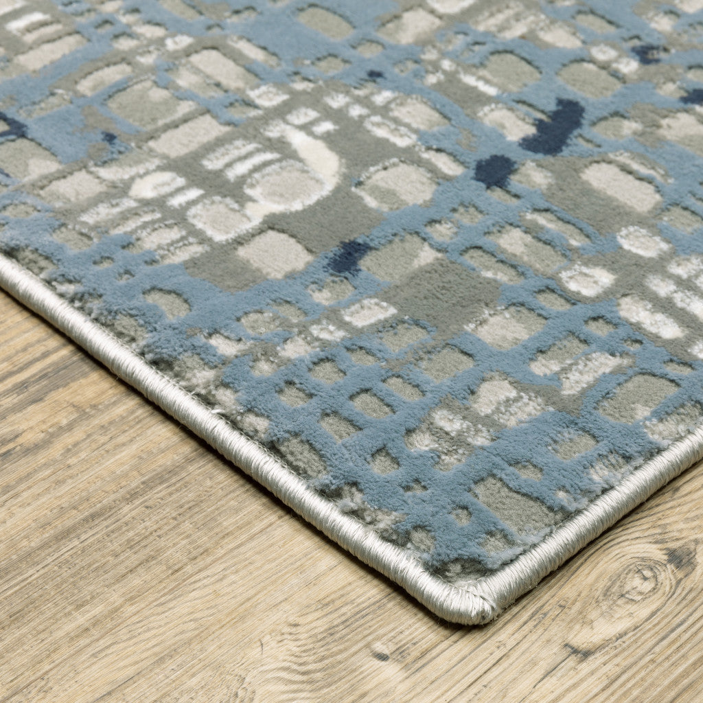 2' X 8' Blue Ivory Grey Brown Beige And Light Blue Abstract Power Loom Stain Resistant Runner Rug