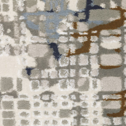 2' X 8' Blue Ivory Grey Brown Beige And Light Blue Abstract Power Loom Stain Resistant Runner Rug